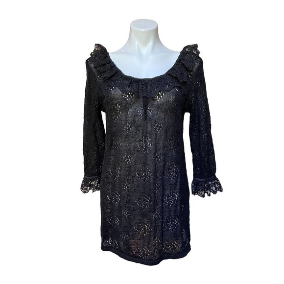 Vintage 90s Black Crochet Knit Top Ruffle Lace Long Sleeve Shirt Sheer - Picture 1 of 5